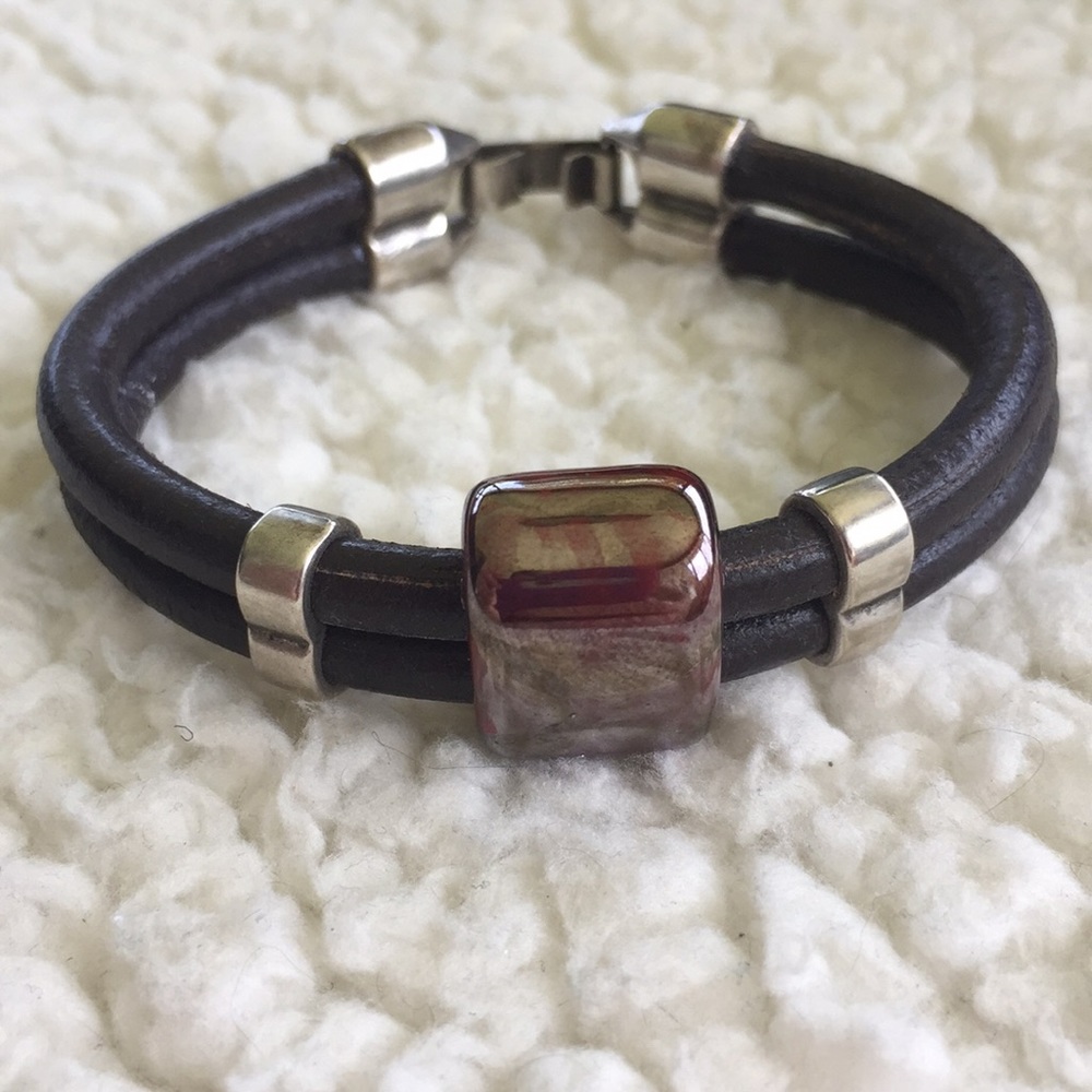 Leather Bracelet with Red Ceramic Bead